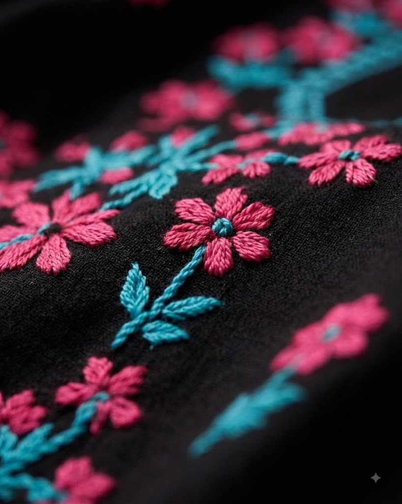 "Dark elegance meets vibrant floral details."