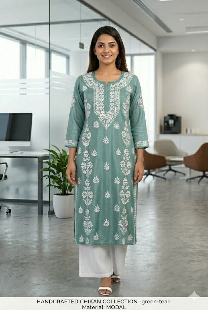Modal A-Line Kurta – Hand Embroidered Ghaaspatti Kurti for Everyday Wear