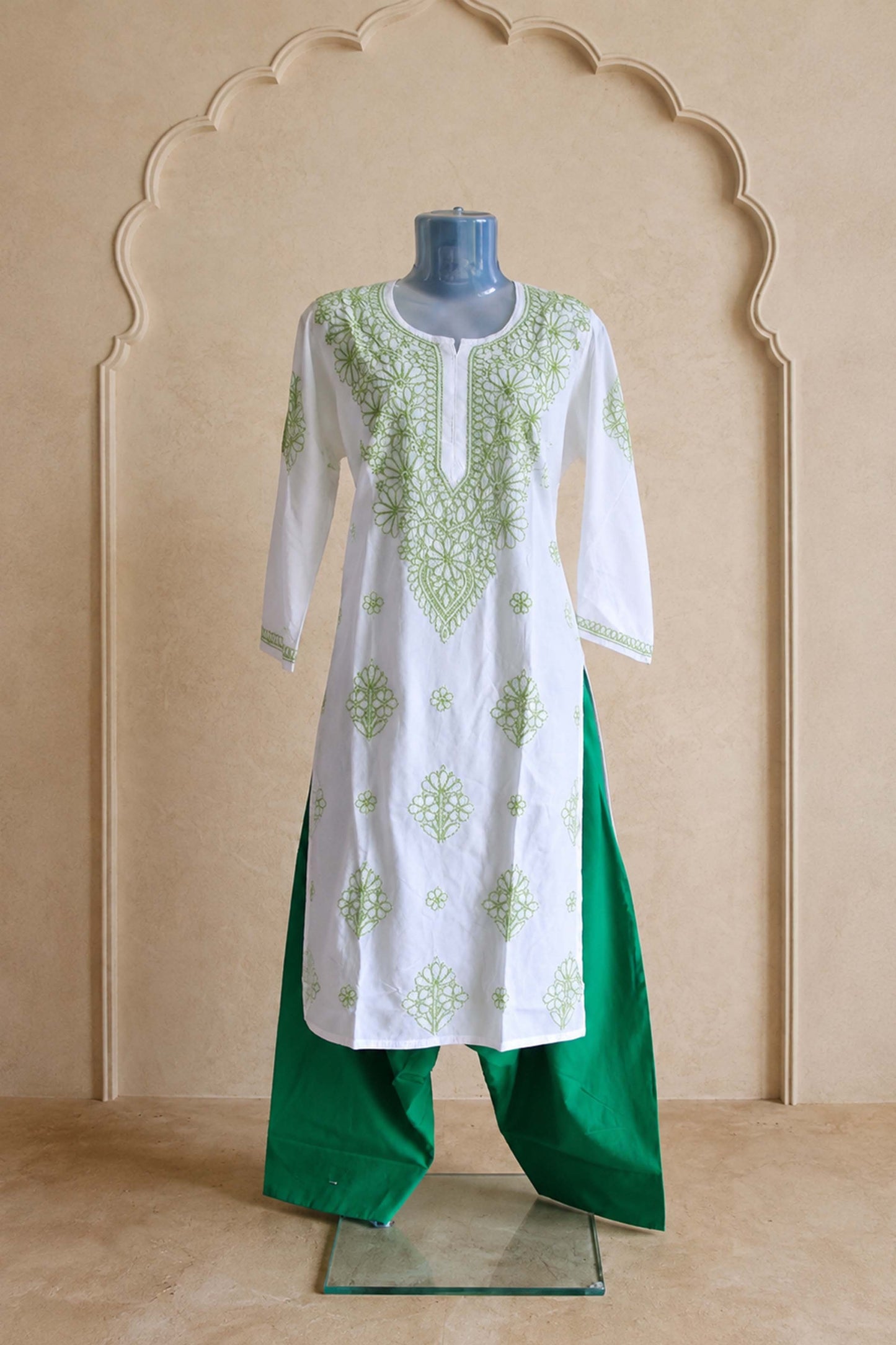Independence Edition: Green, orange & White Floral Chikankari Farshi Salwar Suit