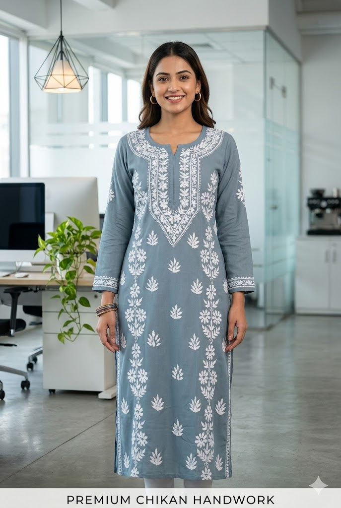 Modal A-Line Kurta – Hand Embroidered Ghaaspatti Kurti for Everyday Wear