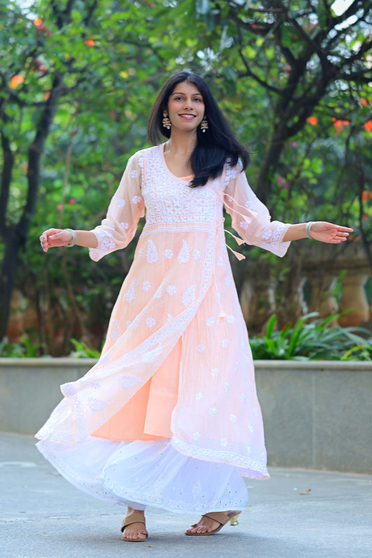 Chikankari Angrakha Anarkali – Hand Embroidered Kota Doria Cotton Kurta