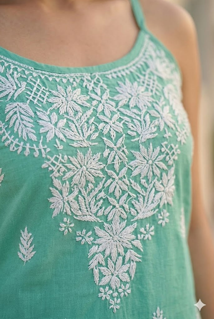Modal Chikankari Kurta – Sleeveless Spaghetti Strap with White Embroidery
