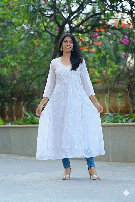 Chikankari Angrakha Anarkali – Hand Embroidered Kota Doria Cotton Kurta