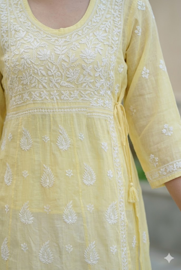 Chikankari Angrakha Anarkali – Hand Embroidered Kota Doria Cotton Kurta