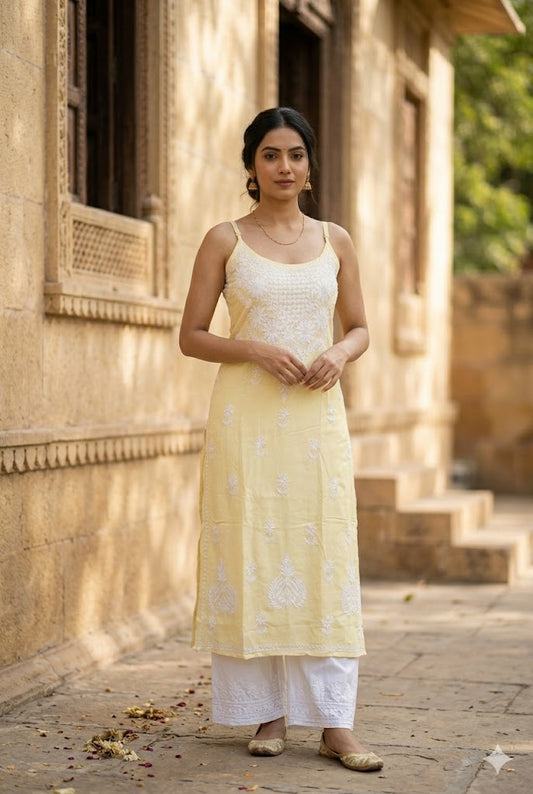 Modal Chikankari Kurta – Sleeveless Spaghetti Strap with White Embroidery