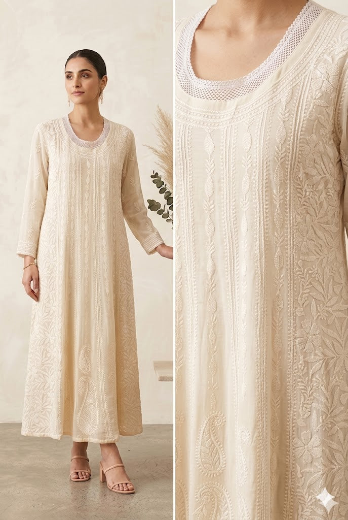 Ivory Elegance: Anarkali Classic