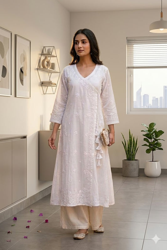 Chikankari Angrakha Anarkali – Hand Embroidered Kota Doria Cotton Kurta