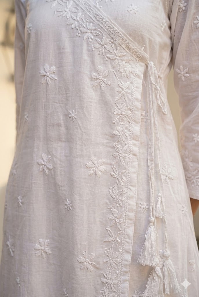 Chikankari Angrakha Anarkali – Hand Embroidered Kota Doria Cotton Kurta