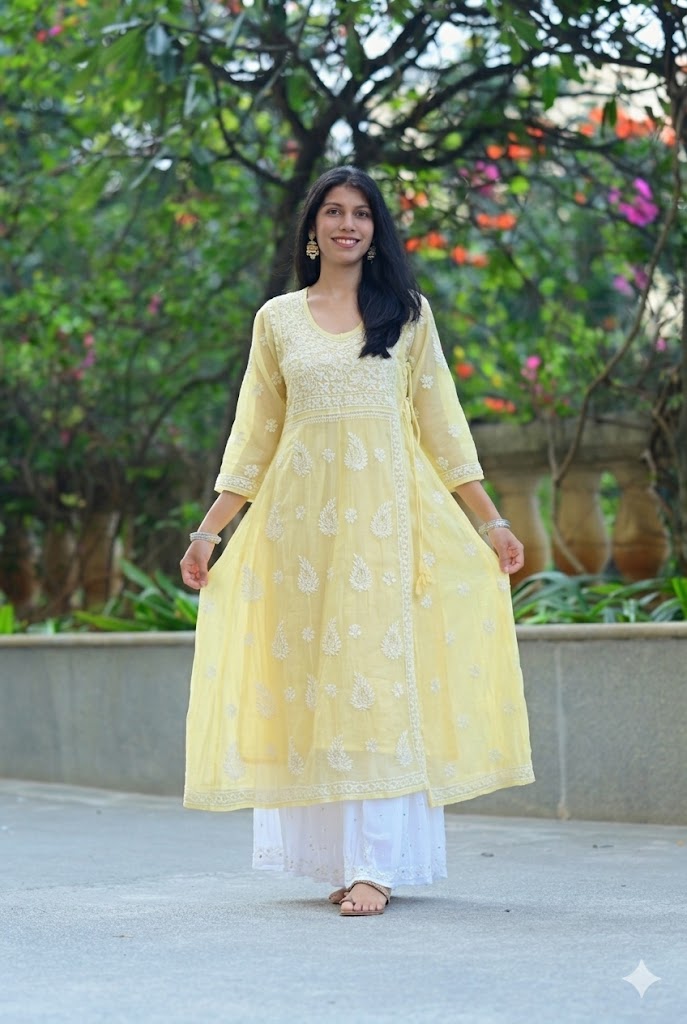 Chikankari Angrakha Anarkali – Hand Embroidered Kota Doria Cotton Kurta