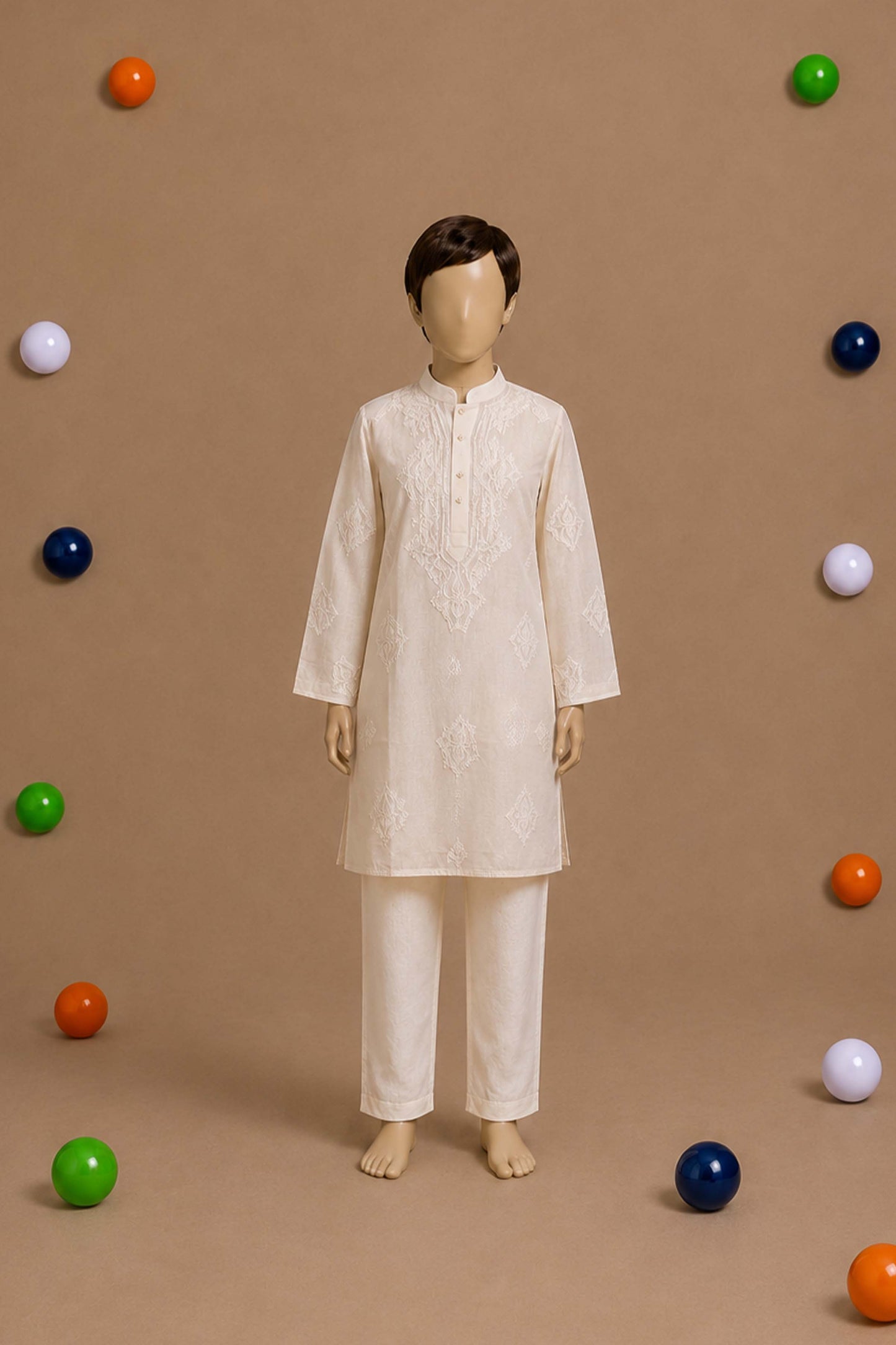Independence Day collection - Kids white chikankari kurta set with geometric embroidery