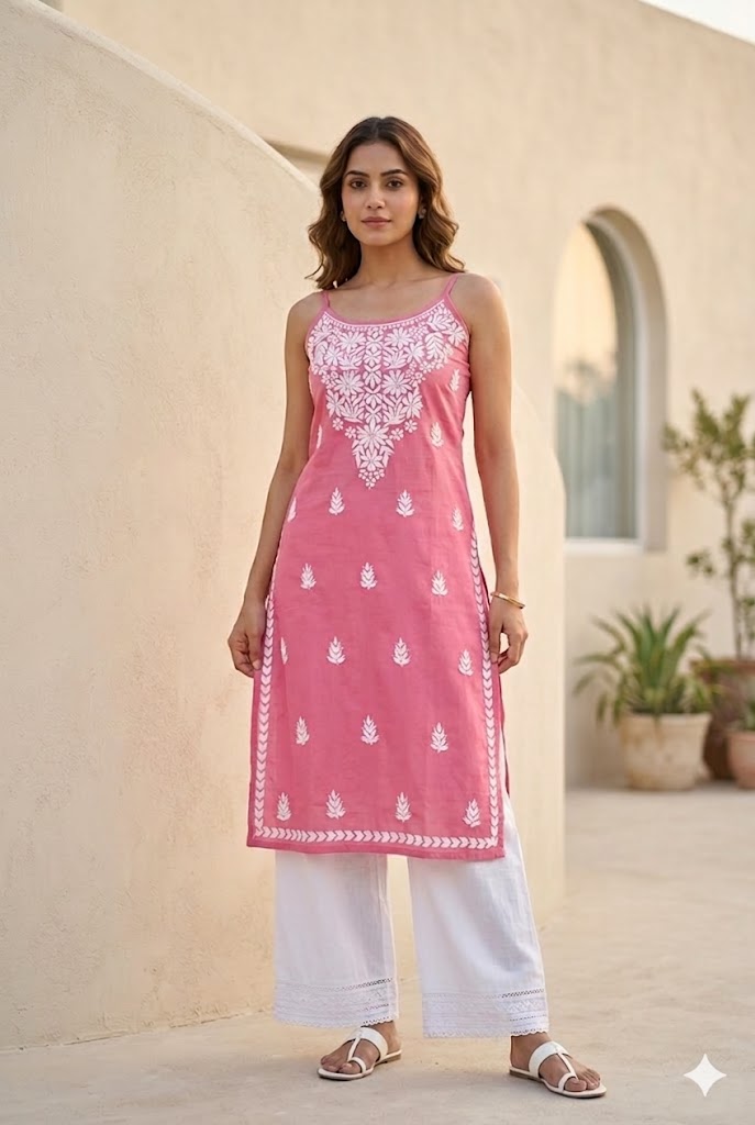 Modal Chikankari Kurta – Sleeveless Spaghetti Strap with White Embroidery