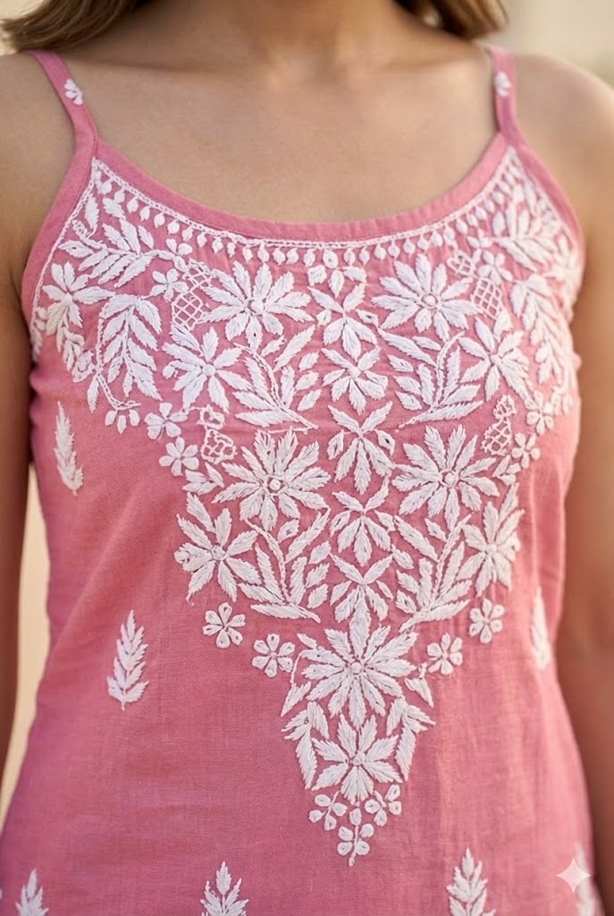 Modal Chikankari Kurta – Sleeveless Spaghetti Strap with White Embroidery