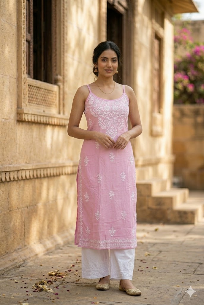 Modal Chikankari Kurta – Sleeveless Spaghetti Strap with White Embroidery